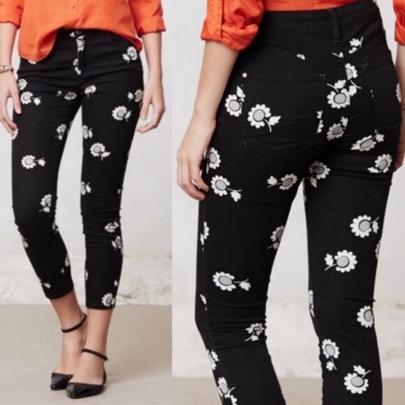 Anthropologie Daisy Print Black Skinny Pant Size 25 Pilcro Floral Jeans Bohemian - Picture 1 of 10